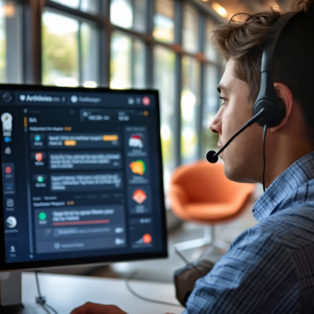 Customer support professional working with conversational AI dashboard